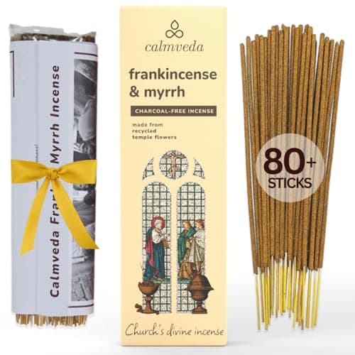 Calmveda Church Frankincense and Myrrh Incense - 80 Sticks, Charcoal Free, Handmade from Upcycled Flowers, Spiritual Healing Incense