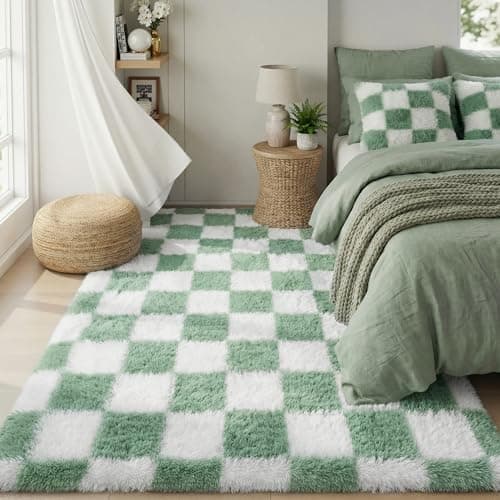 KICMOR Rugs for Bedroom Living Room 3x5 Fluffy Soft Checkered Shag Area Rug Fuzzy Shaggy Plush Bedside Small Carpet Sage Green and White Rug for Kids Boys Girls Dorm Nursery Home Decor Aesthetic
