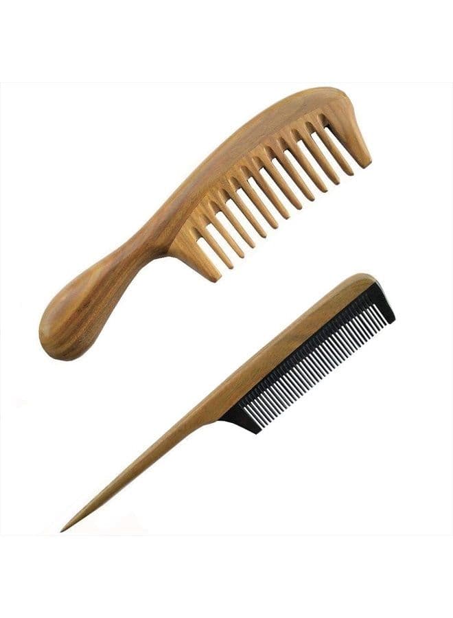 Sandalwood Wood Comb No Static Handmade Wide Tooth Comb and Fine Tooth Teasing Tail Comb Natural Buffalo Horn Teeth Comb Wooden Comb Set