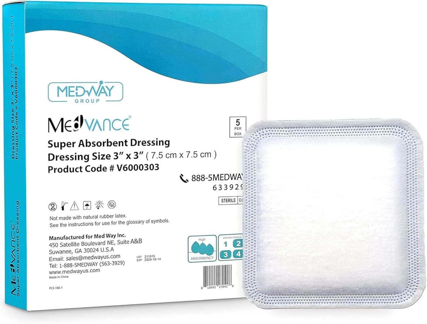 MedVance Super Absorbent Dressing, Non-Adhesive Pads for Wound Care, Pressure Ulcers & 1st/2nd Degree Burns, Superior Moisture Absorption, Box of 5 Dressings (3"x3" Bandage, 1.75"x1.75" Absorbent Pad)
