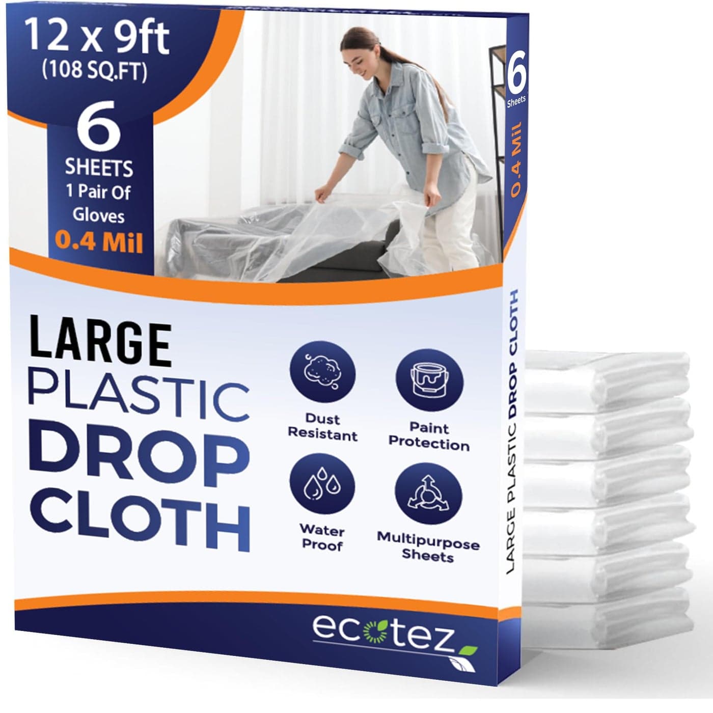 Ecotez 6 Pack 12 x 9 ft Extra Large Painters Drop Cloth Light Durable Dust Cover Clear Plastic Sheet Paint Drop Cloth Plastic Floor Protector