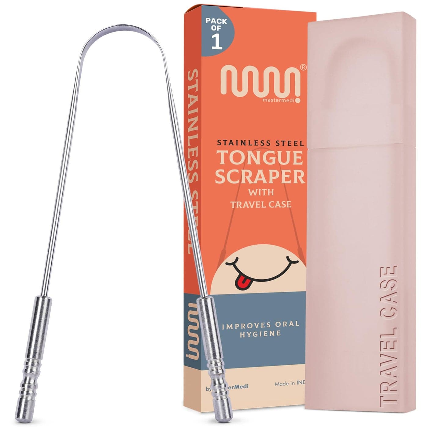 MasterMedi Tongue Scraper with Case Easy to Use Tongue Scraper for Adults Tongue Cleaner for Oral Care Hygiene Single Pack with Travel Case