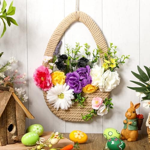 Lineshading Spring Wreath for Front Door Easter Wreath Basket Artificial Floral Hanging Basket with Woven for Easter Holiday Party Farmhouse Window Porch Door Decor(Lively)