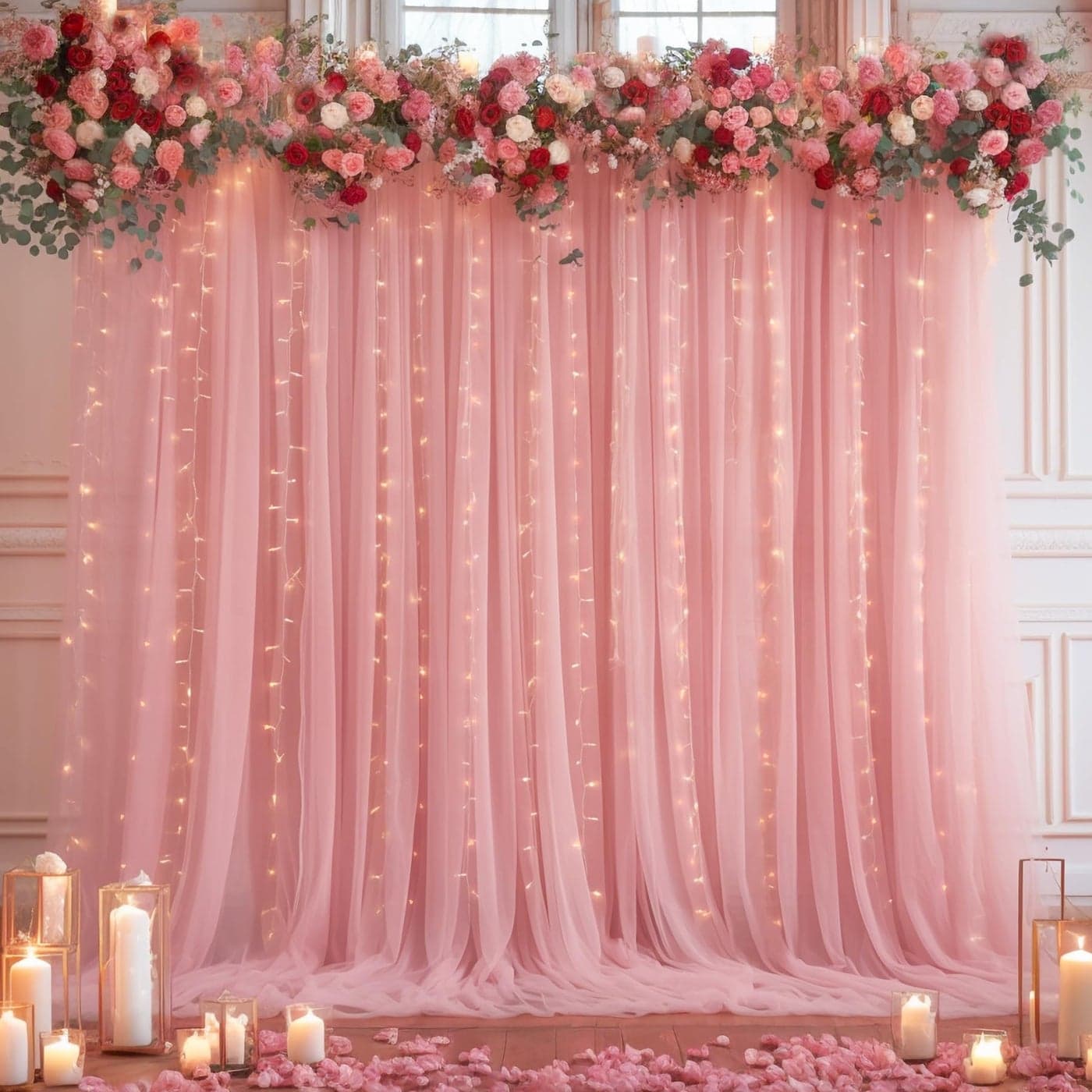 10x10ft Dusty Rose Tulle Backdrop Curtain with Lights String for Parites Sheer Photo Backdrop Drapes for Wedding Baby Shower Bridal Shower Birthday Party Photo Shoot Background Decorations