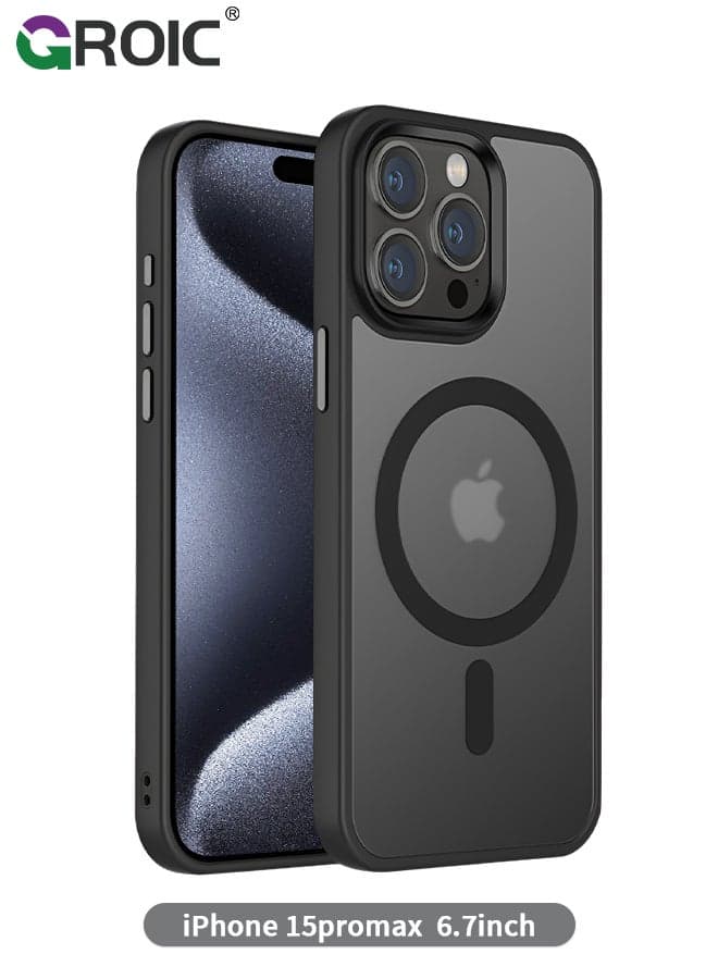Magnetic Designed for iPhone 15 Pro Max Black Case, Protection & Compatible with MagSafe, Translucent Matte Back with Soft Edge Phone Case