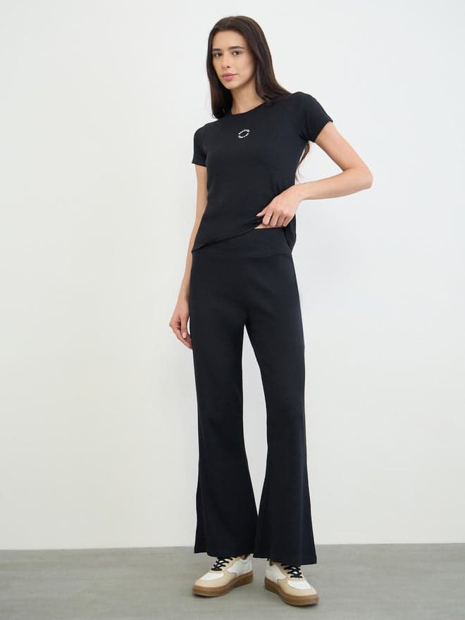 Black Ribbed Flared Leggings