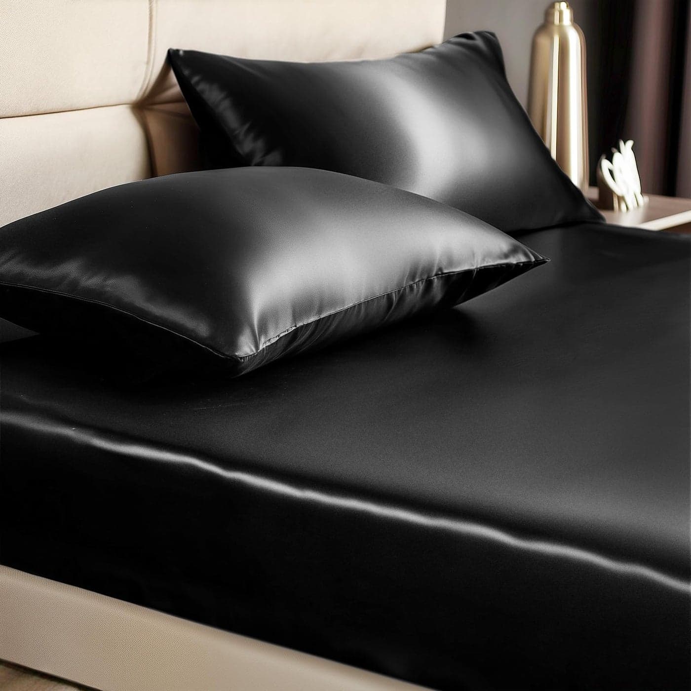 BEDELITE Satin Fitted Sheet and Pillowcases Set Luxury Soft Similar to Silk Bottom Bed Sheet with Elastic Corner Straps Deep Pocket up to 15 Inch 1 Fitted Sheet and 2 PillowcasesFull Black