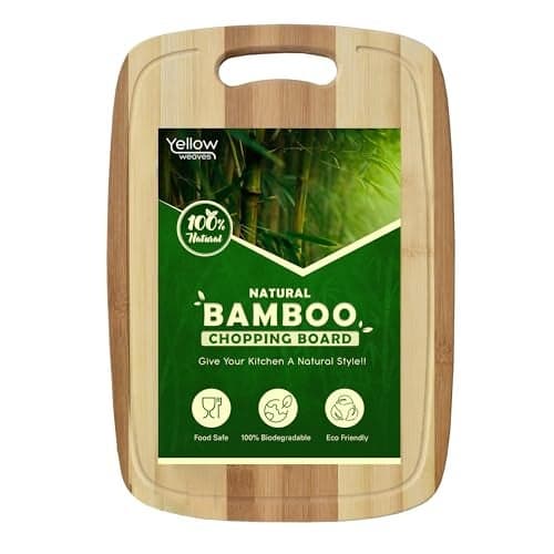 Yellow Weaves Large Bamboo Wood Chopping Board (24 x 34 CM, 2 CM Thickness) Cutting Board with Juice Groove for Vegetables, Fruits, for Kitchen Use, Eco Friendly, BPA Free, Anti Microbial