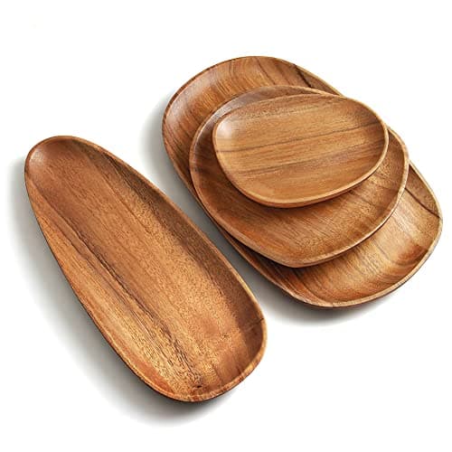 AOOSY Wood Serving Tray, Wooden Serving Platters Set for Serving Food, Fruit, Vegetable, Meat Breakfast Lunch Dinner in Bed Decorative Bread Plates Party Wood Serving Board, Set of 4