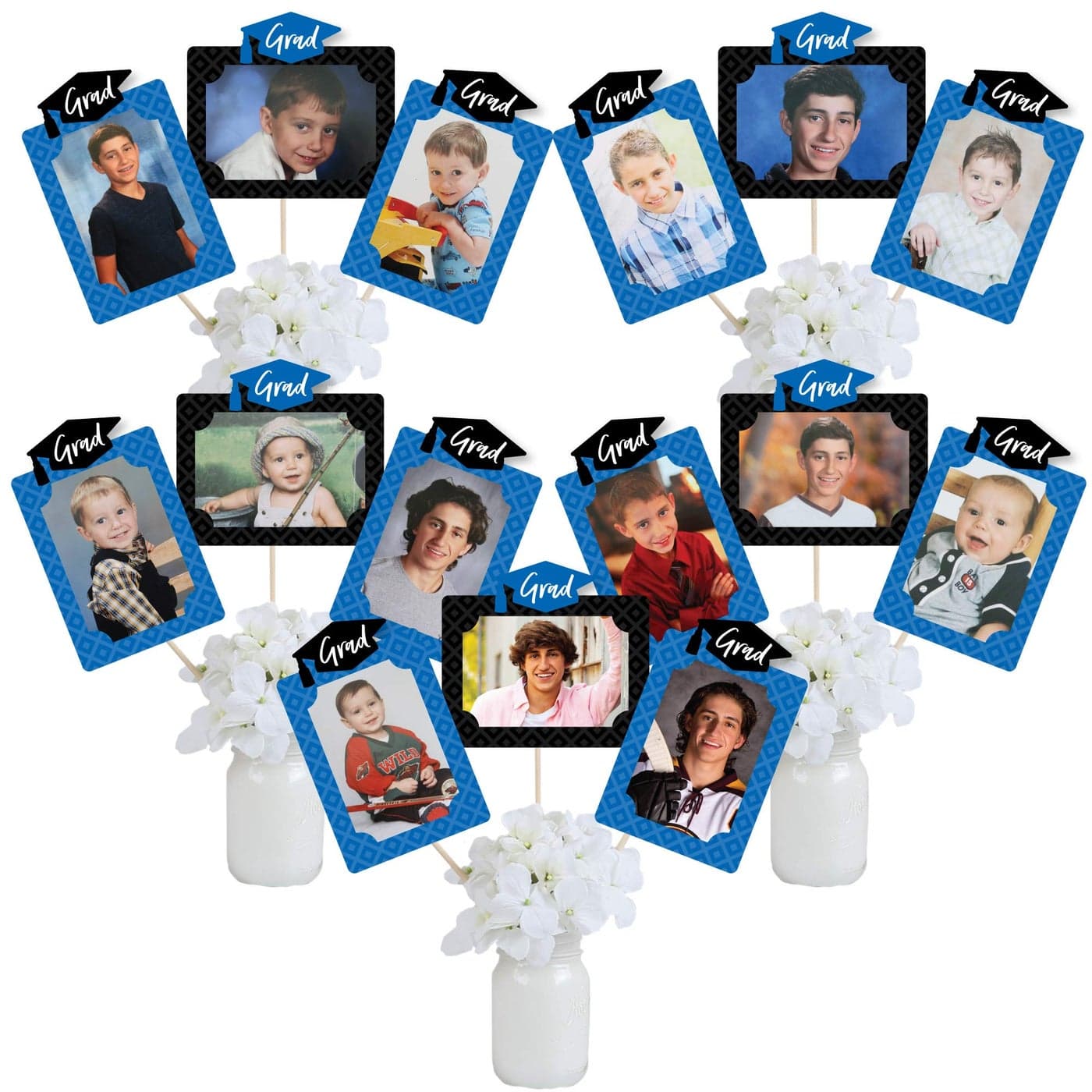 Graduation Photo Display Centerpiece Kit 15 DoubleSided Photo Table Topper Sticks Vertical and Horizontal 4x6 Picture Holders DIY Party Decoration Set Blue Grad