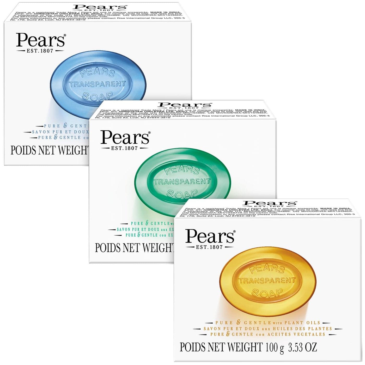 PEARS Glycerin Soap Variety 3Pack Transparent Amber Blue Green Bars for Soft Glowing Skin 353 Oz Ea