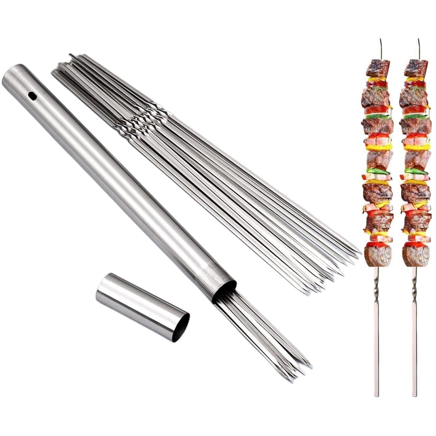 WILLBBQ 304 Stainless Steel 132 Long Flat Barbecue Skewers20PCS40PCS BBQ Kebab Skewers with Portable Metal Storage TubeReusable for Grilling Barbecue Kitchen Party and Outdoor Cooking 20PCS