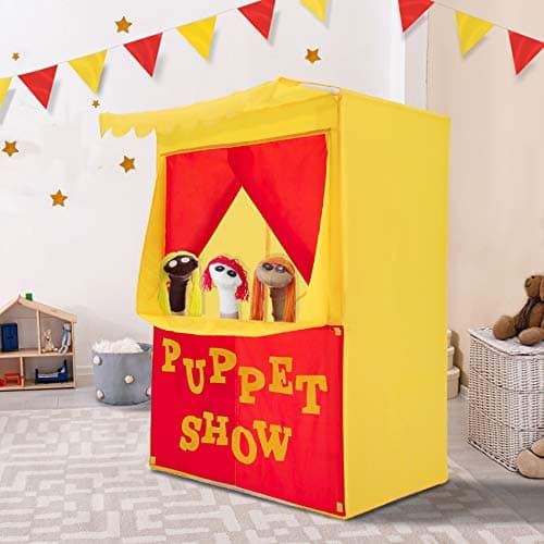 Alvantor Lemonade Stand Puppet Show Theater Pretend Playhouse Tent Kids on Stage Doorway Table Top Sets for Toddlers Curtain Fordable Rods Children Dramatic Furniture 28X20X41H Yellow