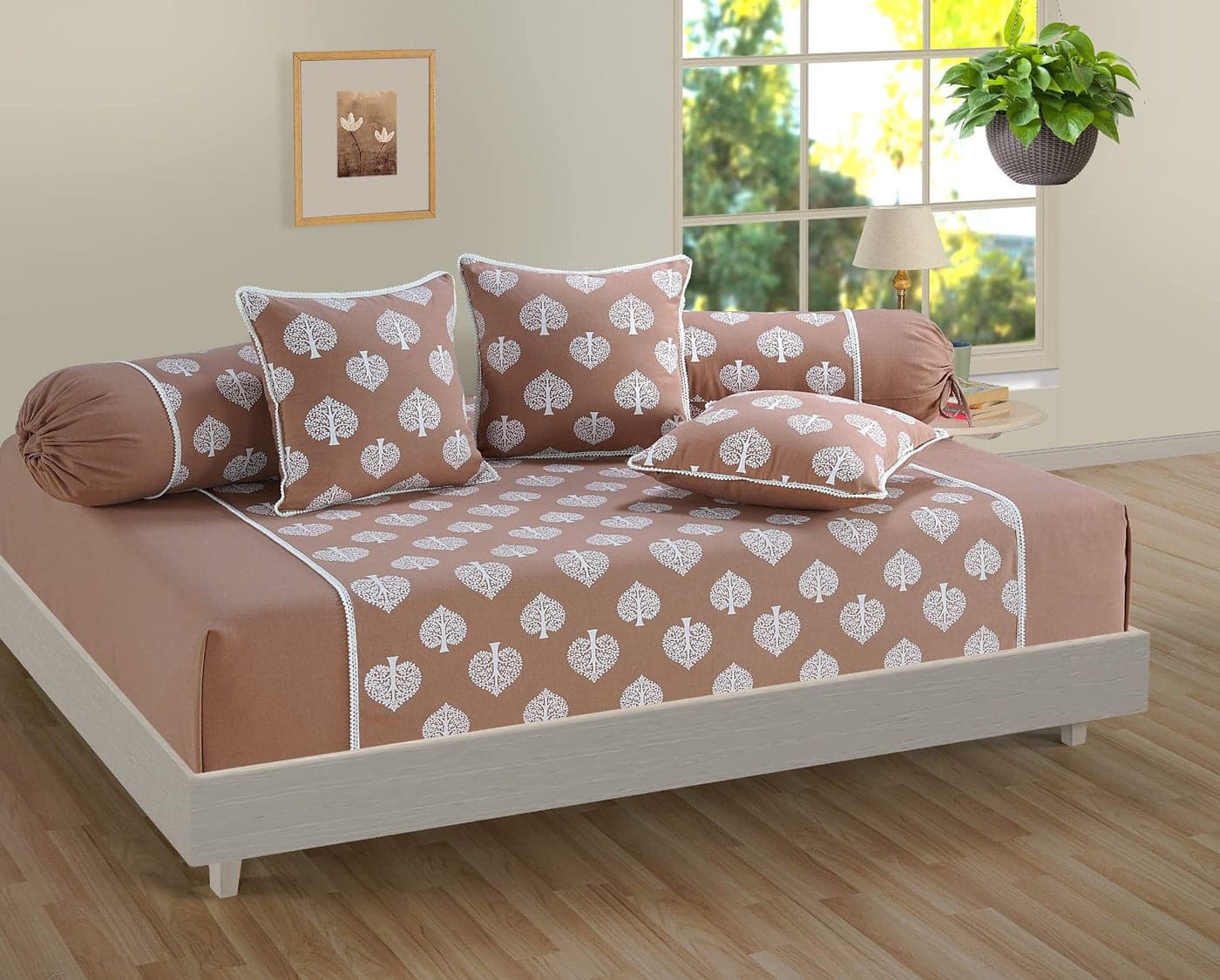 Swayam 210TC Diwan Set 100% Cotton Casement 6 Pcs | Deewan Motif Printed Bedsheet Set for Living Room Hall (1-Bed Sheet 60x90 Inch | 2-Bolster Cover 30x30 Inch | 3 Cushion Cover 16x16 Inch) - Brown