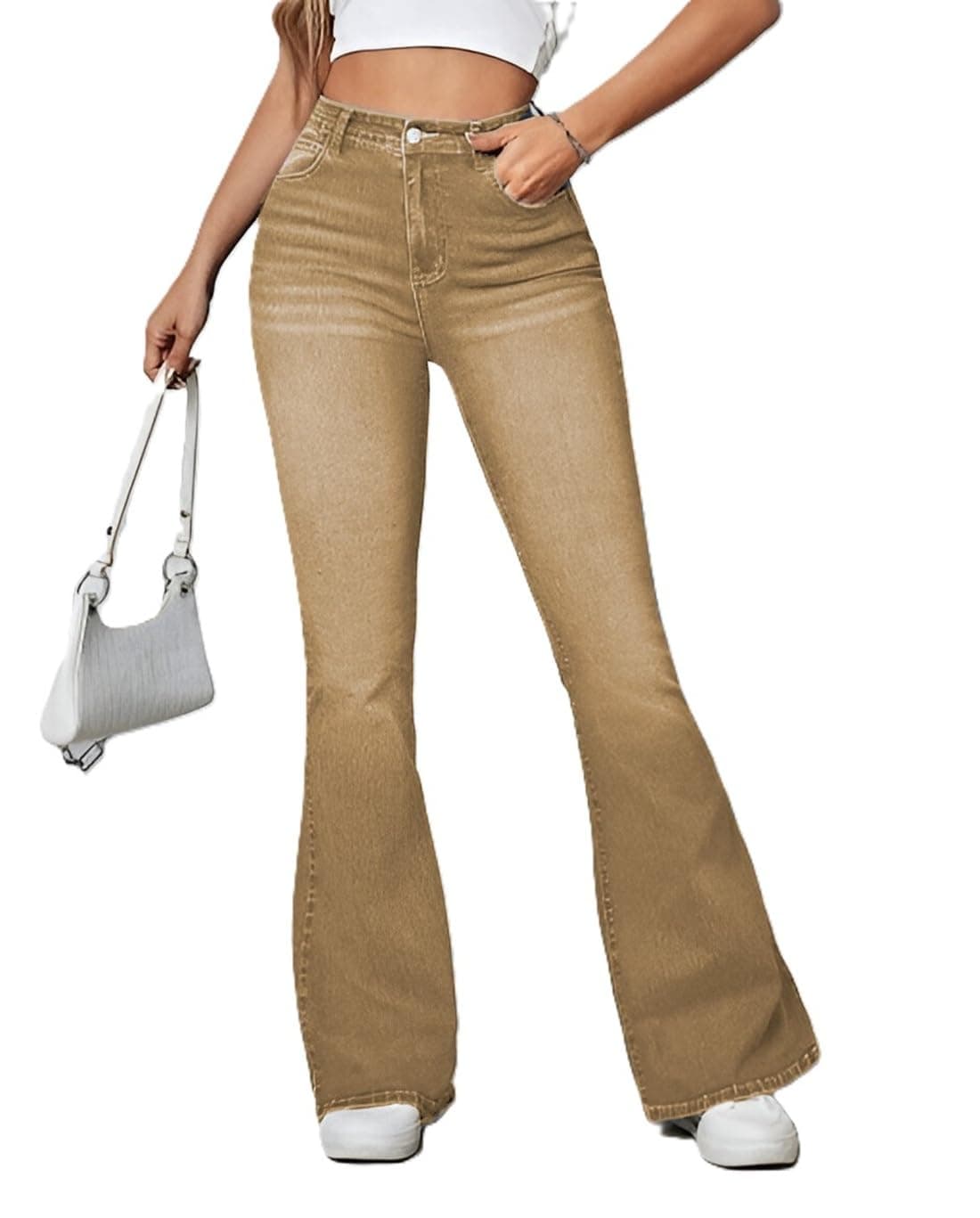 Ben Martin Women’s Khaki High Waist Jeans || Flared Bell Bottom Bootcut Pants || Wide Leg Stretch Denim – Perfect for Travel, Party & Everyday Use – Sizes 28 (0)
