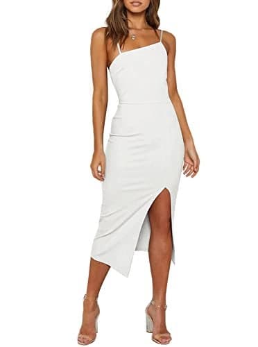 OWIN White Dress Women Sleeveless Spaghetti Strap Club Night Out Dresses High Slit Fitted Graduation Dress,M