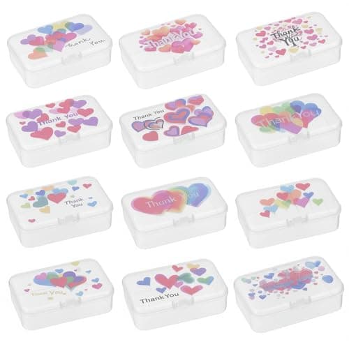 Goodma 12 Pieces Thank You Image Pattern Rectangular Plastic Boxes Empty Storage Organizer Containers with Hinged Lids for Small Items and Other Craft Projects, 3.3 x 2.2 x 1 inch (Transparent)
