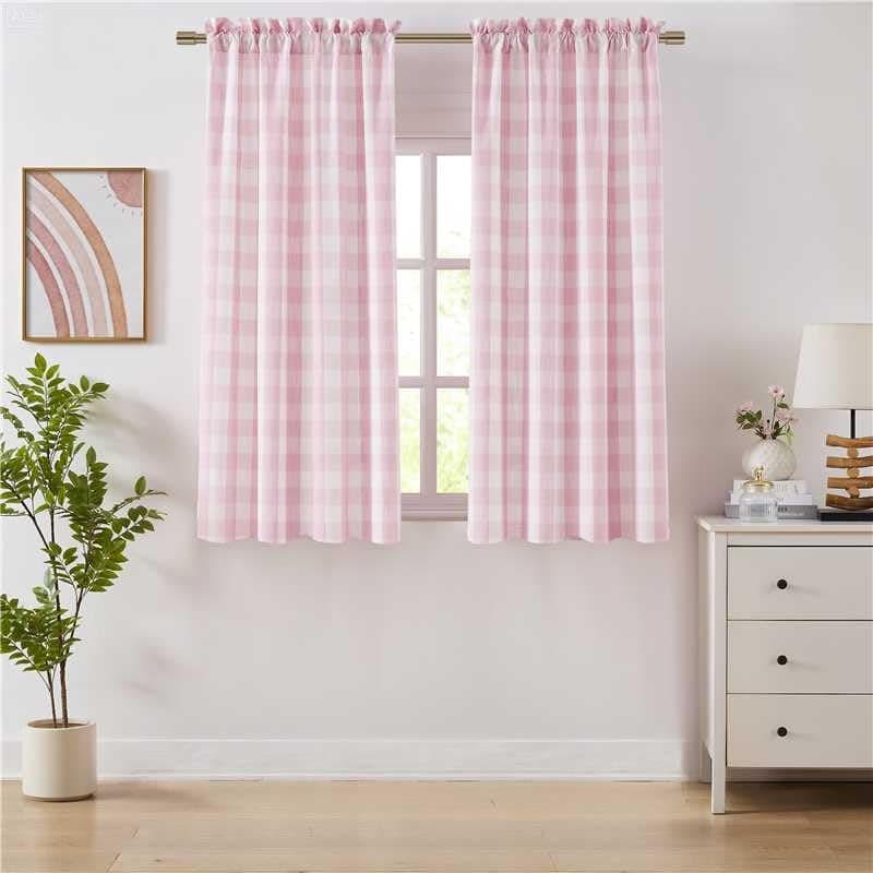 Bapawfish 63 Inch Pink White Buffalo Plaid Curtains for Girls Room,Farmhouse Semi Sheer Rod Pocket Drapes,Living Room Bedroom Window Treatment,Rod Pocket,Pink/White(Pack of 2)