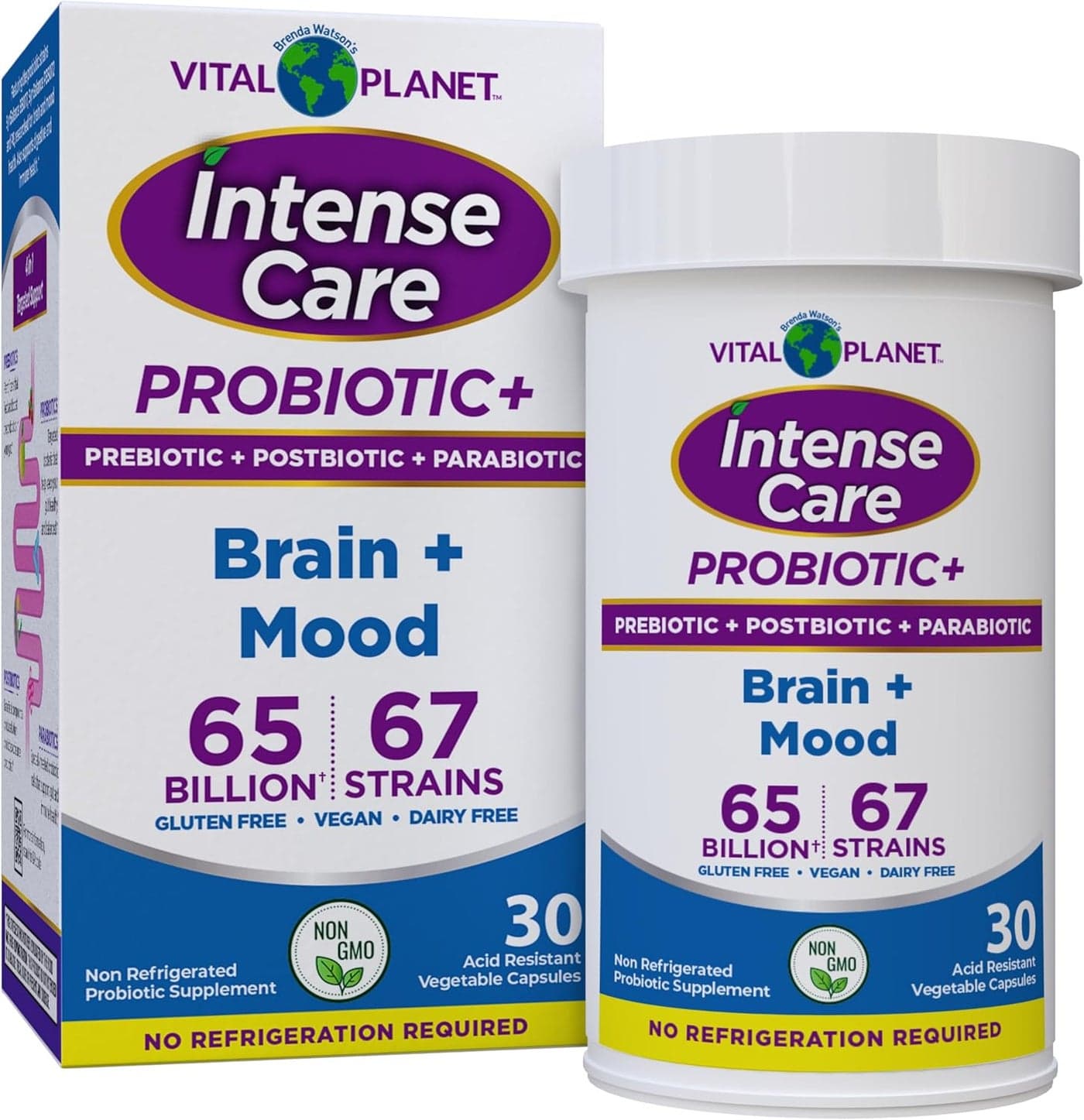 Vital Planet Intense Care Brain Mood Probiotics Organic Prebiotics Postbiotics Parabiotics Complete 4in1 Health Supplement for Adults 65 Billion CFU 67 Strains Digestive and Immune 30 ct