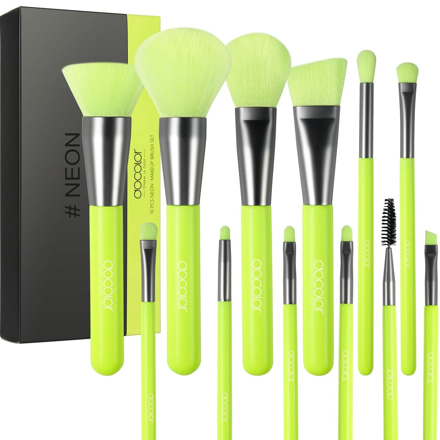 Docolor Makeup Brushes 10Pcs Makeup Brush Set Premium Synthetic Powder Kabuki Foundation Contour Blush Concealer Eye Shadow Blending Liner Make Up Brush Kit Neon Green