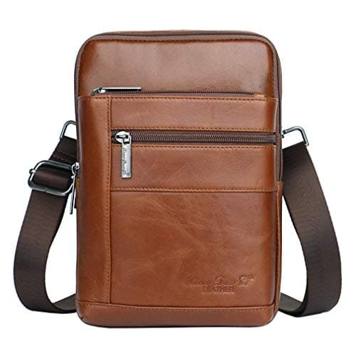 Hebetag Leather Messenger Bag Sling Crossbody Pack for Men Women Outdoor Travel Business Hiking Phone Holder Wallet Shoulder Chest Pouch Casual Daypack Brown