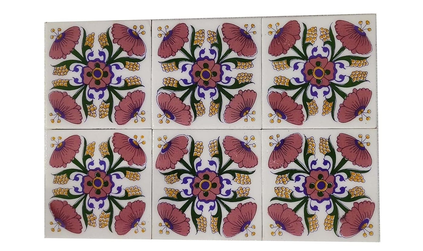 Shiv Kripa Blue Pottery Luxury Floral Decorative Crafted Tabletop Flooring Wall Interior Exterior Traditional 4 x 4 inch Tiles Pack of 6 Tiles