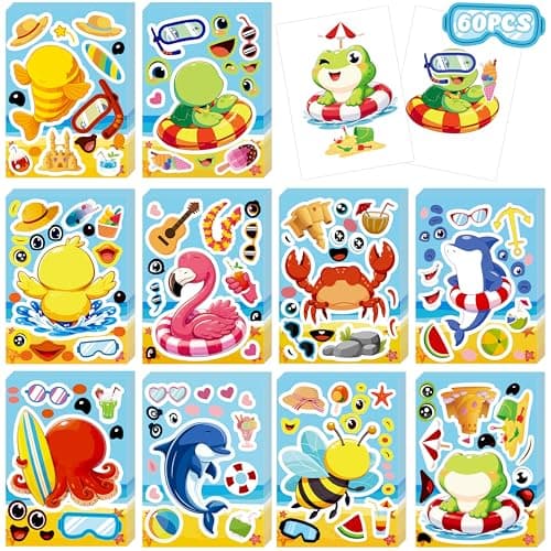 60Sheets Summer Animal Stickers Crafts Bulk Hawaiian Beach Tropical MakeAFlamingoBeeFish Face Sticker Holiday Gifts Luau Pool Activity Games Goodie Bag Stuffer Party FavorsSmall Size