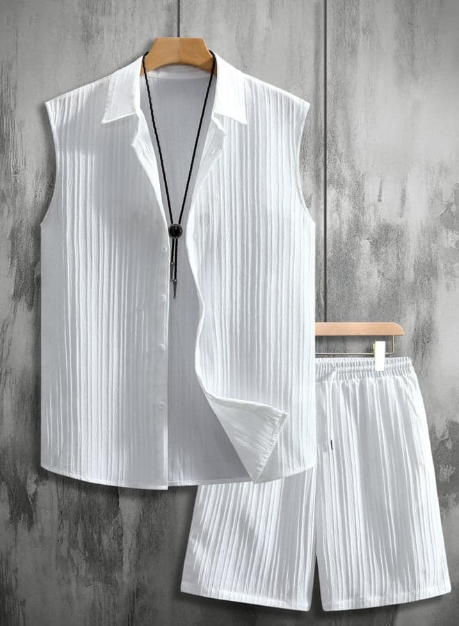 Men White Textured Sleeveless Button Front Shirt and Shorts Co-Ords