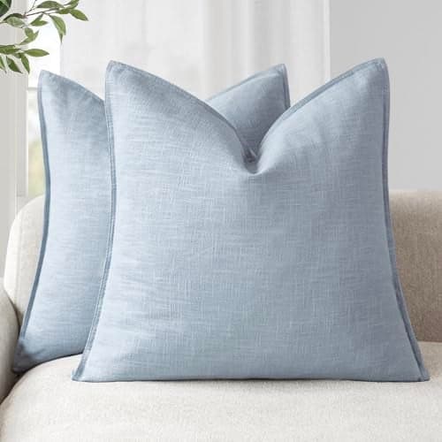 Foindtower Pack of 2, Decorative Linen Soild Throw Pillow Covers Soft Accent Euro Cushion Case Boho Farmhouse Pillowcase for Chair Couch Sofa Bedroom Living Room Home Decor 18 x 18 Inch Sky Blue