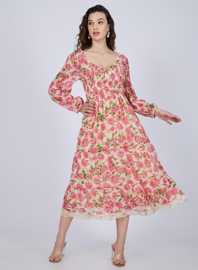 Multi Floral Tiered Midi Dress
