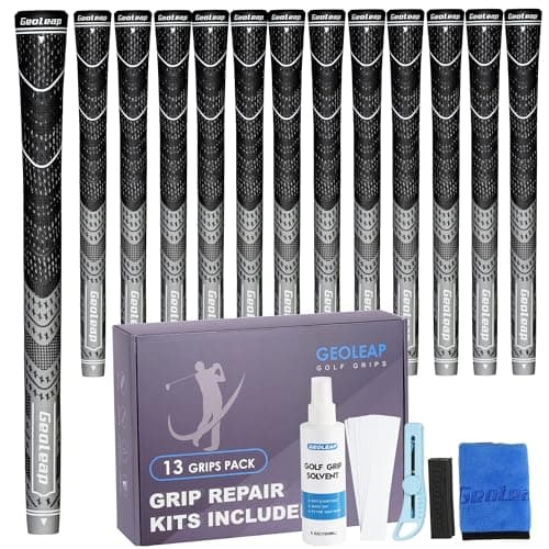 Geoleap Golf Grips Set of 13 Grips with Tapes and Grips with All Repair Kits for ChoiceHybrid Golf Club Grips All Weather Contral High Feedback Traction Golf Grips for Men and Women GreyGrips with All Repair Kits Midsize