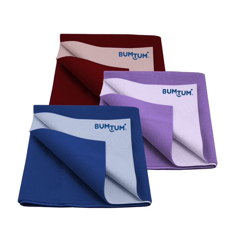 Bumtum Baby Dry Sheet Waterproof Quick Soft Fleece Baby Bed Protector | Anti - Bacterial|Extra Absorbant, Reuseable & Washable (Maroon + Lilac + Royal Blue Combo, Medium Size, 100 * 70cm, Pack of 3)
