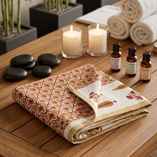 Mafatlal Madhuban Elegant Cotton Waffle Towel (147×76 cm) | 250 GSM | Hand Printed, Quick Dry, Soft & Absorbent | Adobe