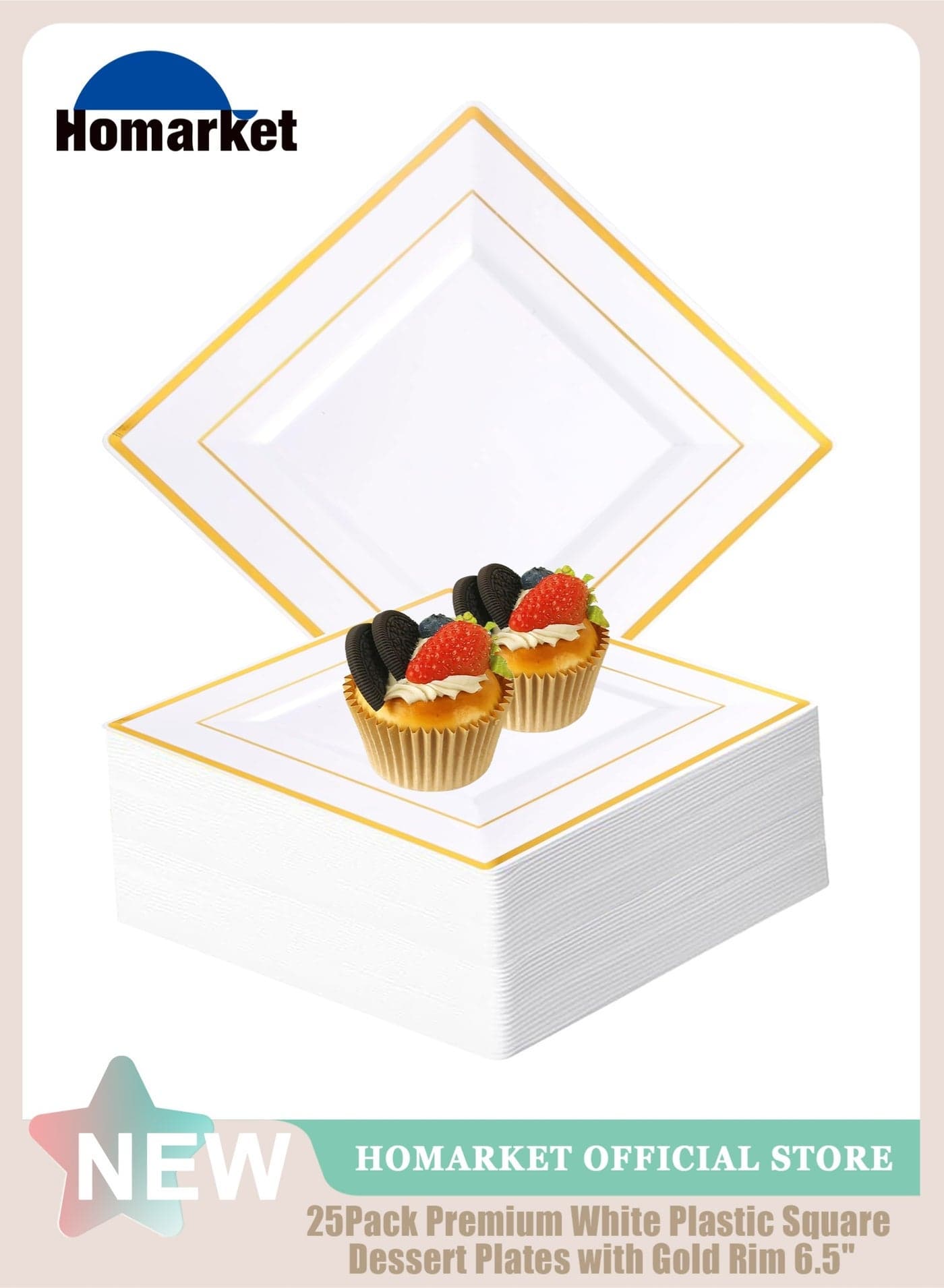 25PCS Square Plastic Plates for Party, 6.5 Inch Disposable Appetizer Plates/Cake Plastic Plates with Gold Rim for 25 Guests , Heavy Duty Dinner Plates for Party, Wedding and Birthday