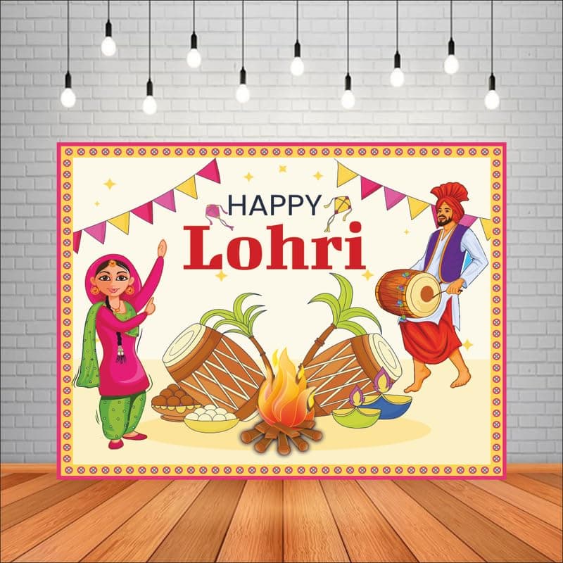 Party Baazaar Lohri Backdrop Punjabi Festival Photography Background Happy Lohri Party Decoration Supplies Photo Booth Banner (Pack of 1, Multicolor, Size: 5x4 Feet)