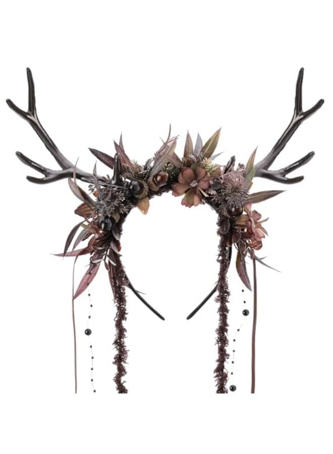 MOSTORY Dark Flower Reindeer Headband Gothic Floral Antlers Headpiece for Renaissance Accessories Women Dark Fairy Costume Deer Horns Headband with Vine for Goth Cosplay Renfaire Witch Aesthetic