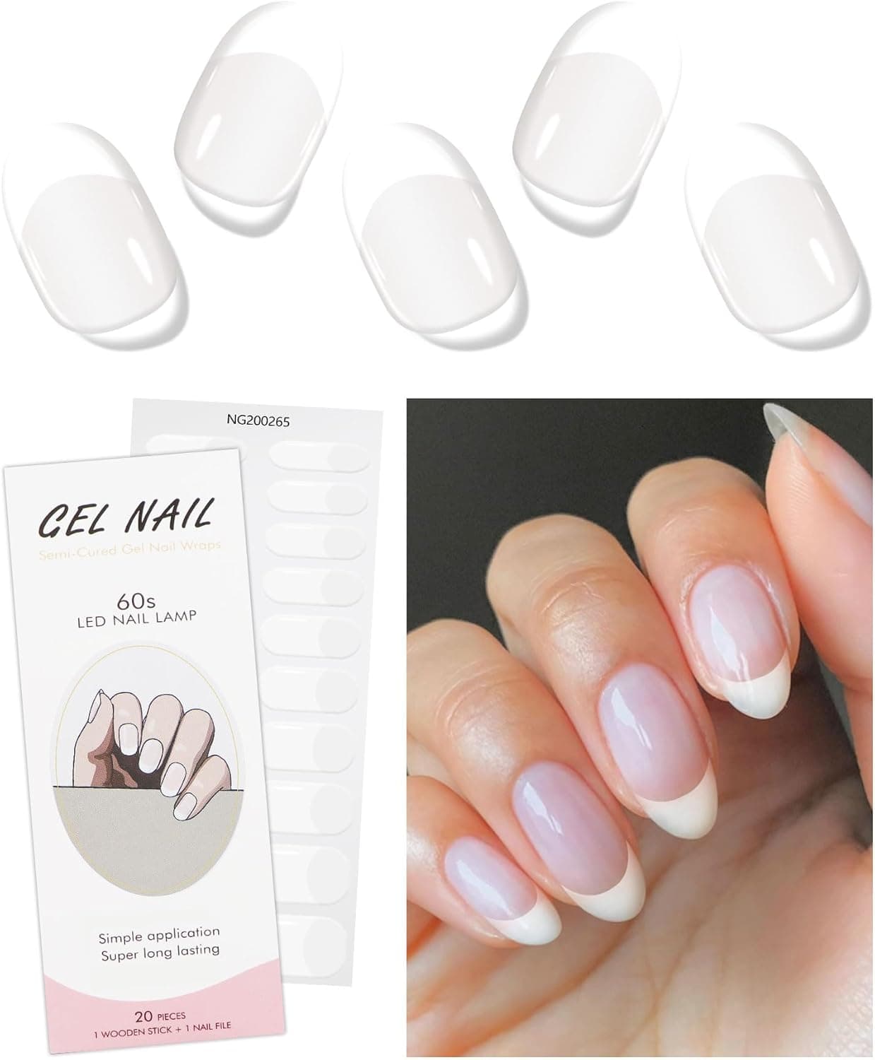 JMEOWIO Gel Nail Stickers Beige French Tip Semi Cured Gel Nail Strips Wraps UVLED Nails Art Design Decoration Accessories