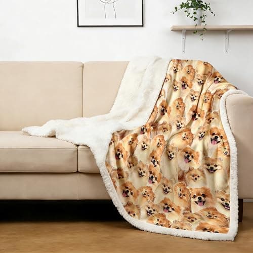 BlessLiving Fuzzy Dogs Blanket - Pomeranian Throw, Reversible Sherpa Fleece, Cute Puppy Design, 50 x 60 Inches