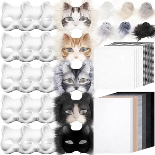 Seenelling 60 Pcs DIY Therian Mask Kit Blank Cat Mask with Felt Fabric Sheet Plush Faux Fur Eye Mesh for Therian Gear Stuff Grey