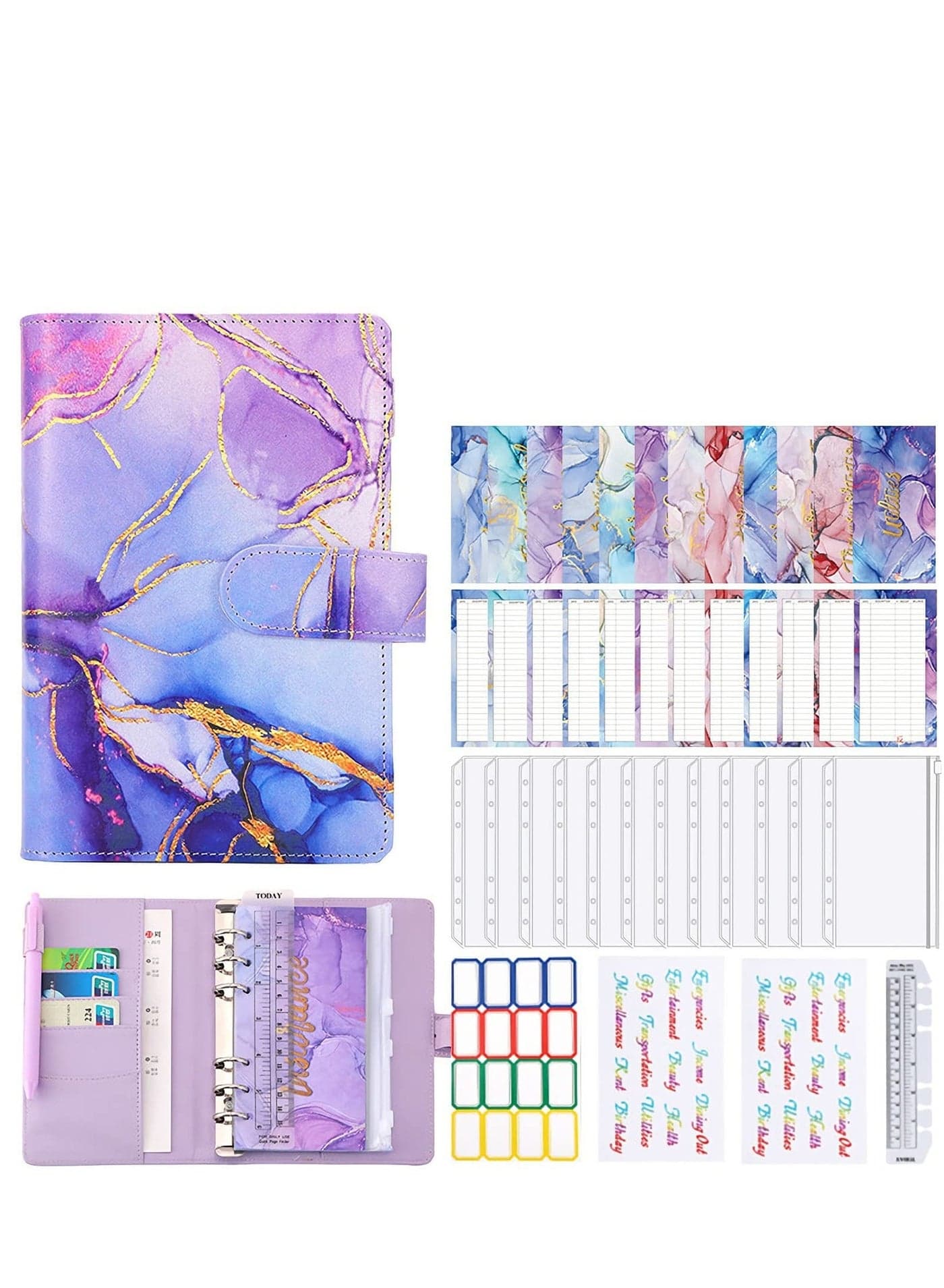 Budget Binder with Zipper Envelopes, Cash Envelopes for Budgeting, A6 PU Leather Budget Binder Planner with 12 Pcs Clear Zipper Envelopes, 12 Pcs Budget Sheets for Budgeting, Saving Money(Purple)