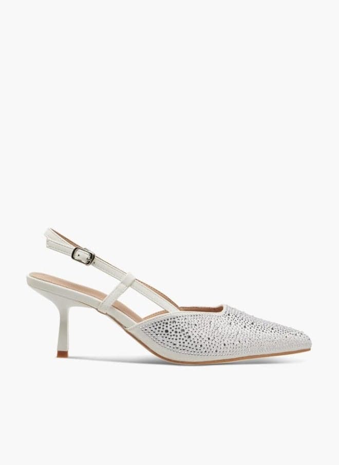 Women Embellished Slingback Shoes with Flared Heels and Buckle Closure