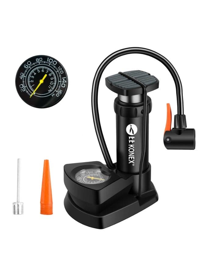 High-Pressure Foot Air Pump with Pressure Gauge | Inflator for Bicycle, Bike, Car Tires, Footballs, Basketballs, Soccer Balls, and Other Inflatable Sports Equipment | Durable & Easy-to-Use (Black)