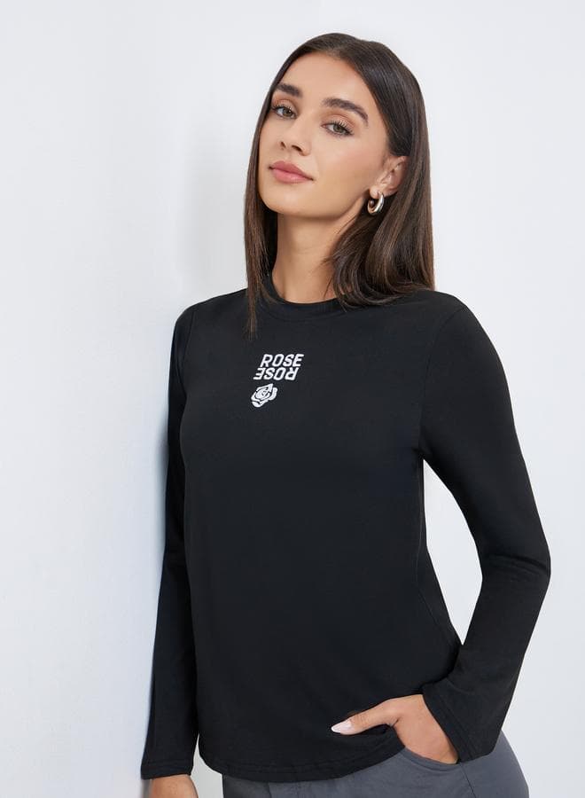 Black Rose Embroidered Long Sleeve T-Shirt