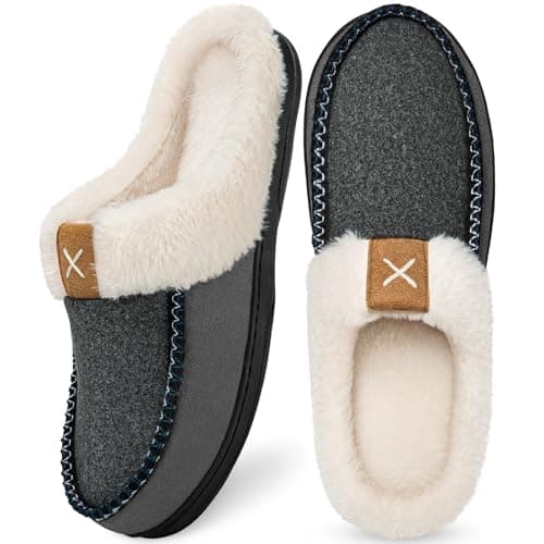 Homitem Mens Slippers Moccasins Memory Foam Fuzzy Slippers for Men Wool-Like Plush Fleece Lined House Shoes Indoor Outdoor Anti-Skid Rubber Sole Home Bedroom(Size 11-12,Light Grey)