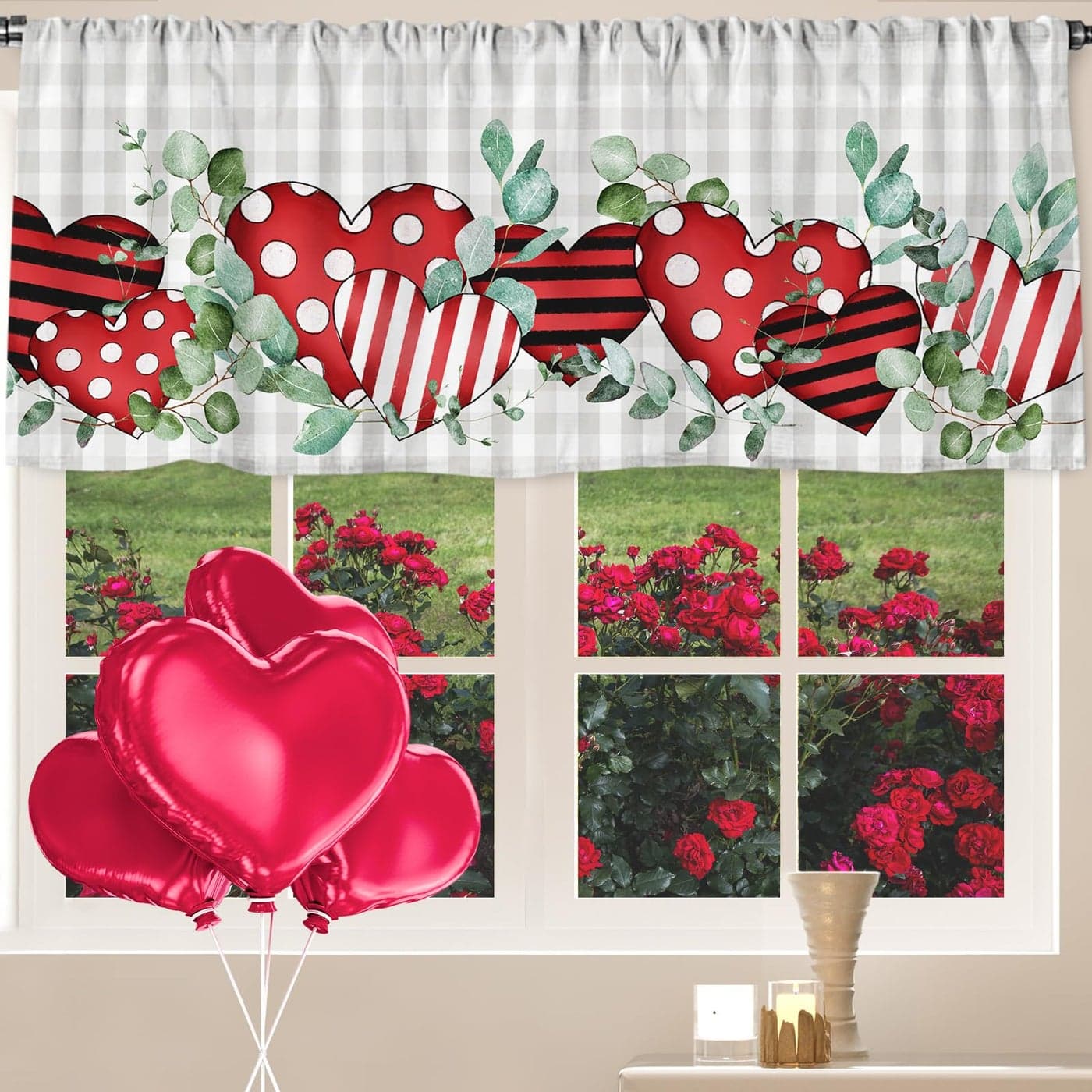 AnyDesign Valentine Curtain Valance 54 x 20 Inch Eucalyptus Heart Valance Curtain Rod Pocket Plaid Short Window Treatment for Holiday Home Window Decor