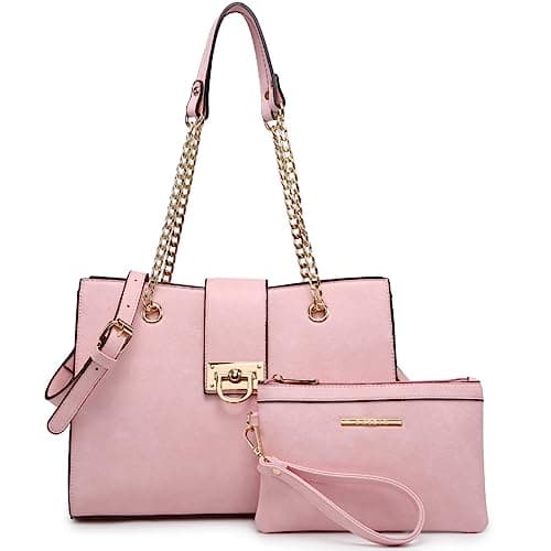 Dasein Women Fashion Tote Handbag Purse With Chain Shoulder Top Handle Hobo Bag & Matching Clutch (Pink)