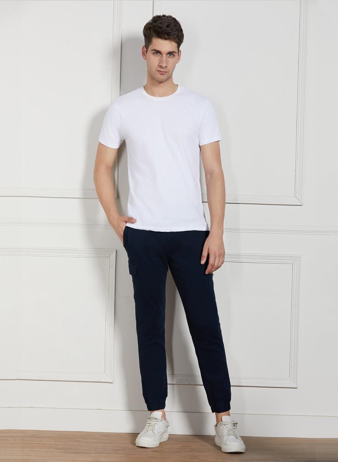 Relaxed Fit Navy Men's Cotton Lycra Solid Cargo Trouser, Mid Rise, Full Length, Casual