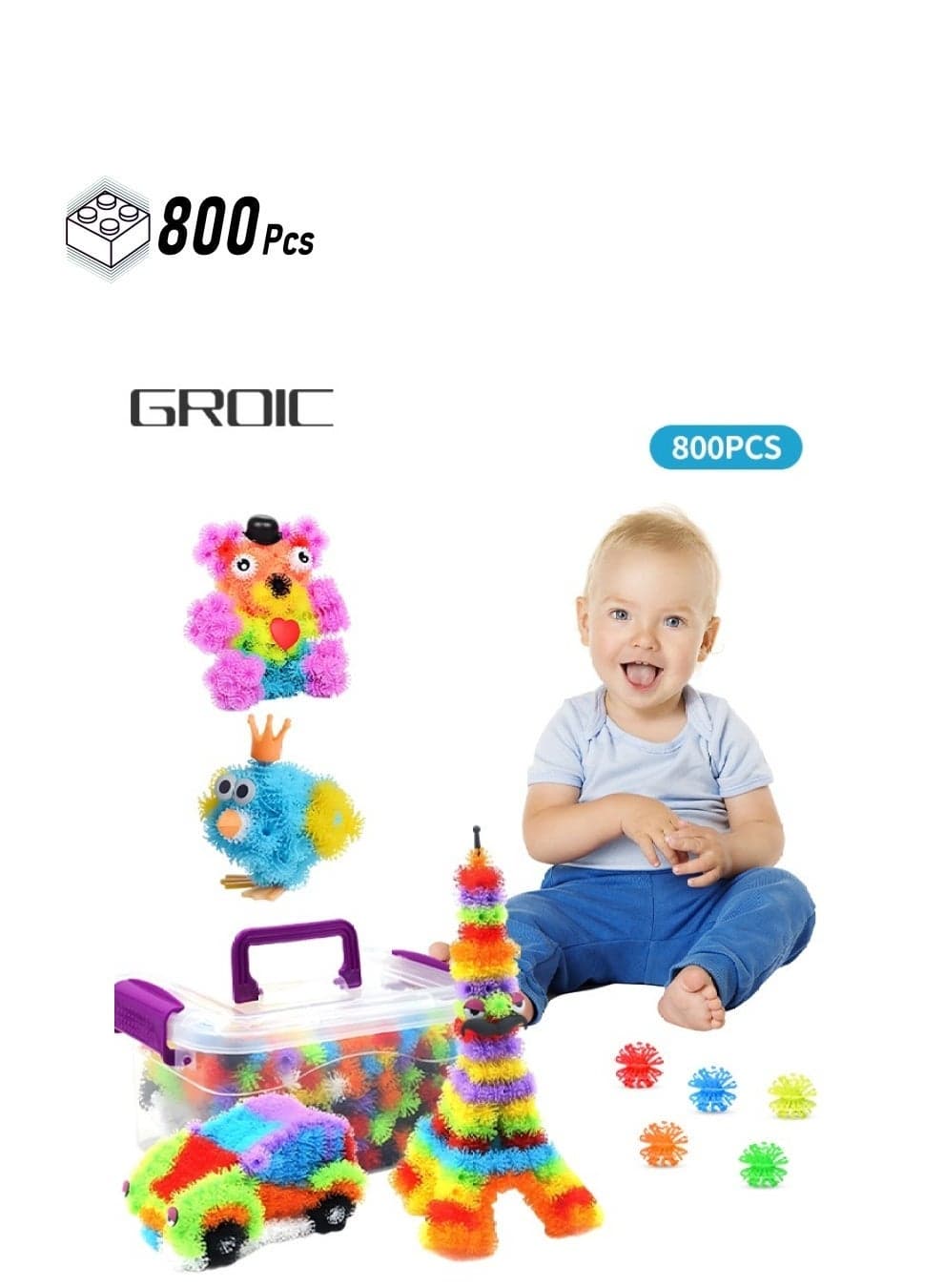 800 PCs Building Blocks Connect Toys with Box, Kids STEM Educational Interlocking Solid Sets Preschool Sensory Creativity for