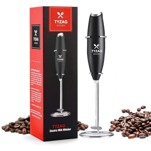 Tyzag Milk Frother for Coffee Included with Stainless Steel Stand, 2AA Cell, Improved High Speed Motor 19000 RPM, Coffee Frother Handheld Foam Maker for Lattes, Cappuccino, Frappe, Matcha (Black)