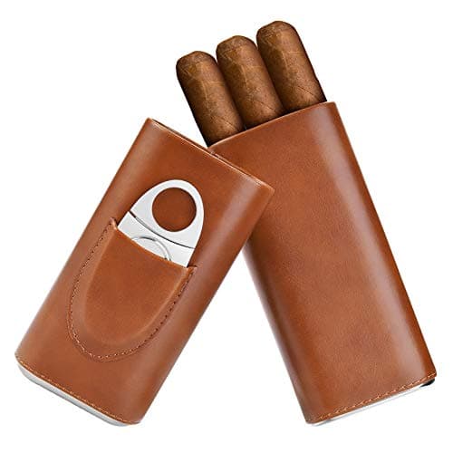 SEEJI Cigar case cedar wood lined - cigar travel cutter humidor case (Brown)